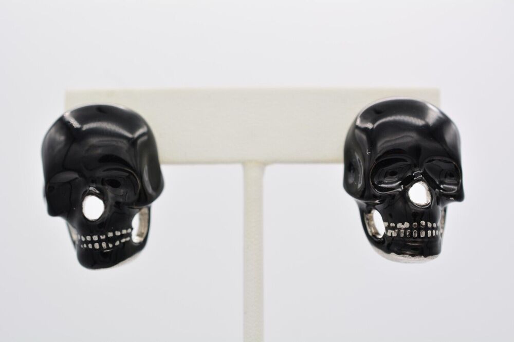 Black Skull Earrings Heavy Chunky Shiny Enamel Halloween Gothic Costume BinAZ
